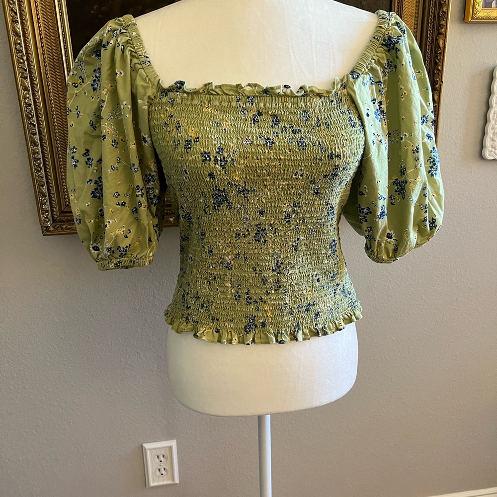 INC International Concepts Green Floral Smocked Blouse